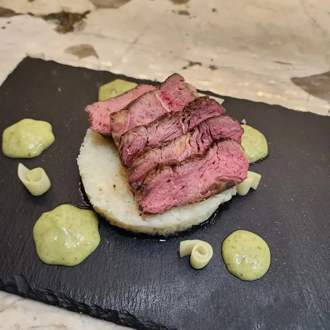 Sous-Vide Bison Steak with Cauliflower Rice and Savory Broccoli Reduction