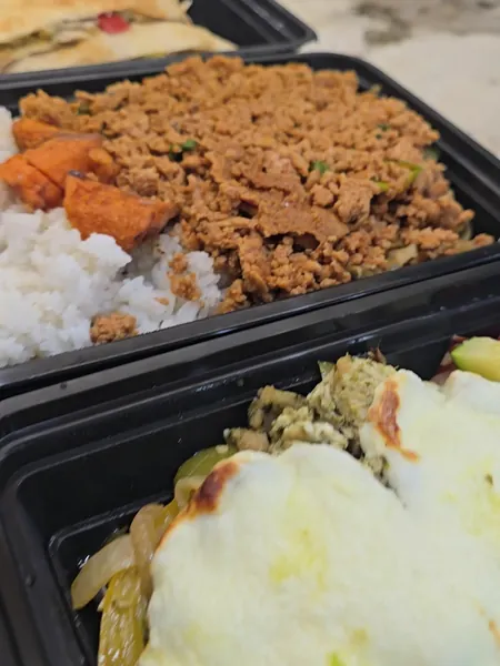 Seasoned ground meat, rice and sweet potato